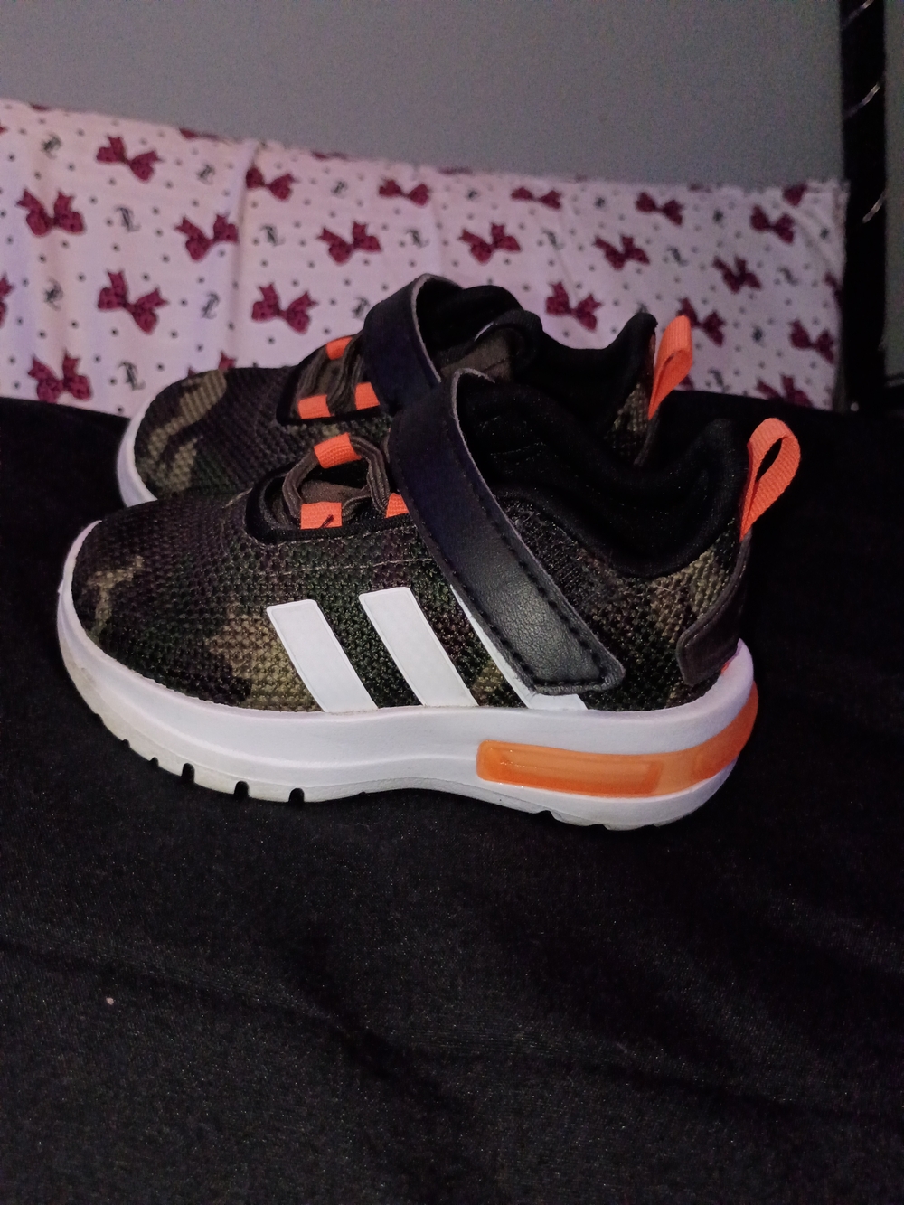 Kids Camouflage Athletic Sneakers with Orange Accents - Three-Stripe Design